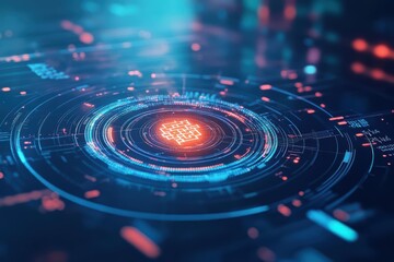 Poster - Futuristic Digital Interface Featuring a Radiant Glowing Circle on Top Against a Dark Background Evoking a Sense of Innovation and Technology