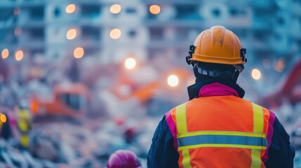 Leinwandbilder - Dedicated construction worker in hard hat and safety vest surveying bustling construction site with focus and determination for future development
