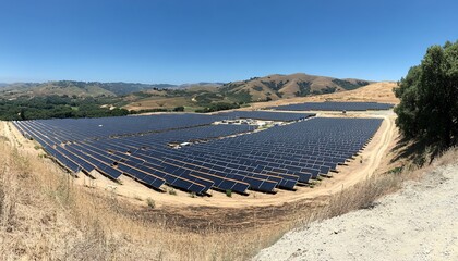 Vast Solar Panel Field on Rolling Hills Under a Bright Blue Sky