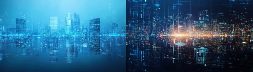 Aufkleber - Vibrant Urban Cityscape Illuminated by Bright Blue Light Creating a Stunning Contrast Against the Night Sky Emphasizing Modern Architecture and Energy