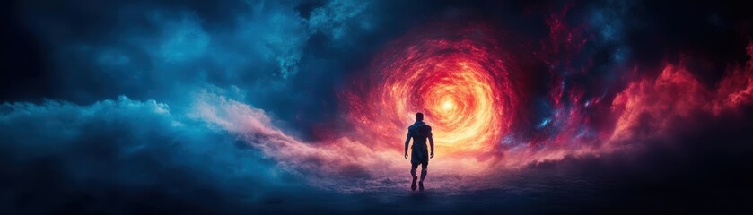 Poster - A man stands confidently in front of a mesmerizing colorful spiral vortex radiating energy and creativity in a captivating and surreal visual experience