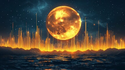 Wall Mural - Golden Moon Over Vibrant City Skyline at Night