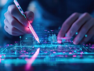 Poster - Focused Individual Using a Pen to Write on a Laptop in a Modern Workspace Surrounded by Books and Notebooks Creating an Atmosphere of Productivity