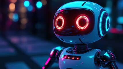 Close-up of a small, adorable AI robot with red and blue light effects illuminating its body, set against a dark, moody background.