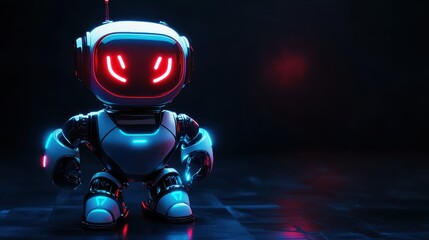 Close-up of a small, adorable AI robot with red and blue light effects illuminating its body, set against a dark, moody background.
