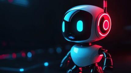 Close-up of a small, adorable AI robot with red and blue light effects illuminating its body, set against a dark, moody background.