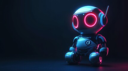 Close-up of a small, adorable AI robot with red and blue light effects illuminating its body, set against a dark, moody background.