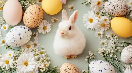 Wall Mural - Cute white easter bunny sitting surrounded by colorful eggs and spring flowers