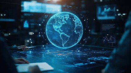 Fototapete - Individual Engaged with Laptop Displaying a Globe Symbolizing Global Connectivity and Exploration in a Modern Workspace Setting with Calm Atmosphere