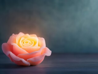 Aufkleber - Elegant Rose Flower Gracefully Positioned on Wooden Table Surrounded by Soft Natural Light Creating a Romantic and Tranquil Atmosphere for Reflection