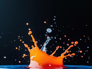 Poster - Vibrant Splash of Orange Liquid Against a Deep Black Background Capturing the Essence of Motion and Fluidity in a Striking Abstract Composition