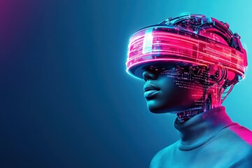 Aufkleber - Woman Engaged in Virtual Reality Experience Wearing Headset in Modern Room Creating an Immersive and Innovative Technological Atmosphere of Adventure