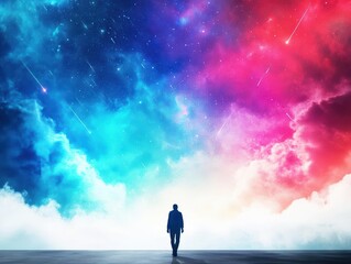 Aufkleber - A Man Silhouetted Against a Vibrant Colorful Sky at Dusk Evoking a Sense of Freedom and Wonder in the Tranquil Evening Atmosphere of Nature