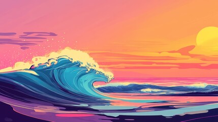 Wall Mural - ocean wave sunset vibrant art digital wallpaper