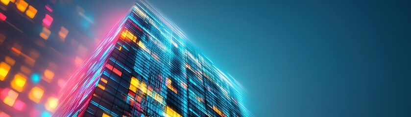 Fototapete - A modern skyscraper with light patterns at night, futuristic and vibrant, low angle