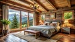 © DigitalArt Max - Minimalist Rustic Mountain Cabin Bedroom King Size Bed - Cozy Retreat Interior Design