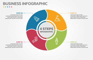Poster - Visual data presentation. Cycle diagram with 4 options. Pie Chart Circle infographic template with 4 steps, options, parts, segments. Business concept. Marketing infographic vector illustration.