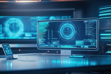 Poster - A professional workspace with futuristic technology, holographic displays, and modern design