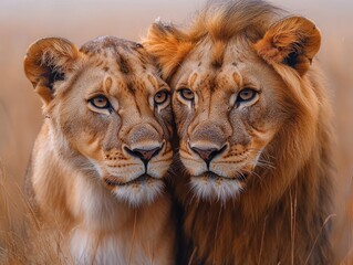 Wall Mural - close up portrait of a lion and a lioness side by side in a field of tall grasses
