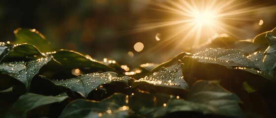 Wall Mural - Dew-kissed leaves at sunrise, nature's peace