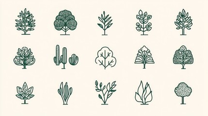 Line art tree icons; various species; nature; design; website, app