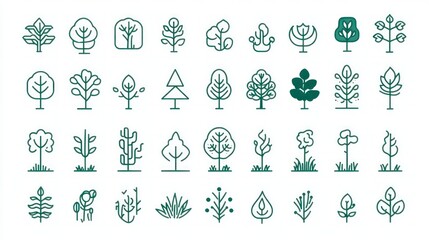 Collection of minimalist tree icons; nature, design, graphic, website, illustration