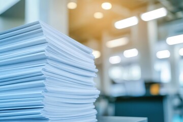 Poster - Neatly Arranged Stack of Papers on a Wooden Table Reflecting a Professional Workspace with Soft Natural Lighting Creating an Organized Atmosphere