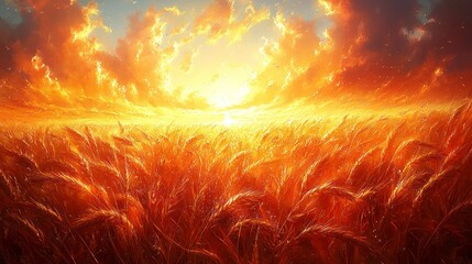 Wall Mural - Golden wheat field under a vibrant sunset sky