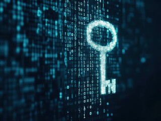 Fototapete - A Mysterious Key Surrounded by Streams of Binary Code Symbolizing Digital Security and Unlocking Potential in the World of Technology and Innovation