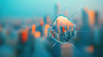 Poster - Urban Scene Featuring a Broken Glass Window with Cityscape in Background Evoking Feelings of Neglect and Urban Decay in a Gritty Environment