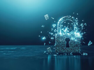 Aufkleber - A symbolic image of a shattered lock, with code fragments glowing and floating away