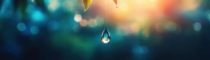 Poster - A Captivating Water Droplet Suspended from a Delicate Tree Branch Reflecting Natural Light in a Tranquil Outdoor Environment Full of Life