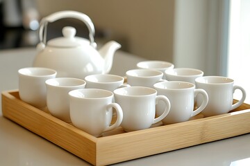 Poster - Elegant White Tea Set on Bamboo Tray