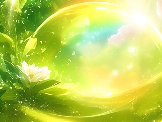 vibrant green nature background with blooming white flower and bright light.
