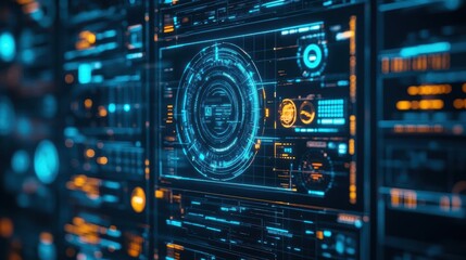 Fototapete - Futuristic Digital Interface Displaying Advanced Technology Concepts and Innovative Designs in a Sleek and Modern Workspace Environment of Tomorrow