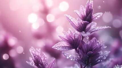dew-kissed purple flowers in soft light.
