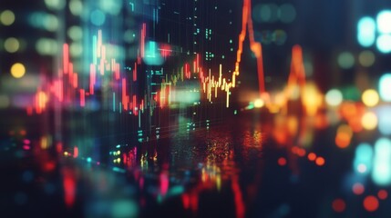 Poster - A close-up of a financial graph with fluctuating lines, overlaid on a cityscape at night, symbolizing market volatility.