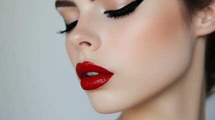 Wall Mural - A close-up shot of a woman with meticulously applied makeup, showing off her perfect eyeliner, bold lipstick, and flawless skin, captured with a high level of detail.