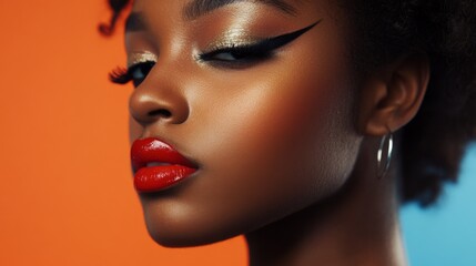 Wall Mural - A close-up shot of a woman with meticulously applied makeup, showing off her perfect eyeliner, bold lipstick, and flawless skin, captured with a high level of detail.