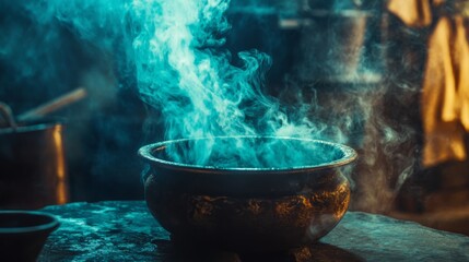Poster - A dramatic shot of smoke billowing from a cauldron, giving a magical and mysterious feel to the scene.