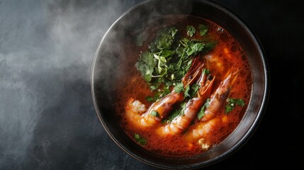 Wall Mural - A steaming bowl of Tom Yum Goong photographed from above, with rich red broth, fresh shrimp, and Thai herbs creating a vibrant and appetizing scene.