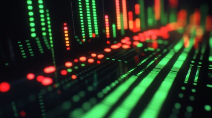 Fototapete - Close-up of a computer screen showing a dynamic financial graph with green and red candlesticks, symbolizing fluctuating market conditions.