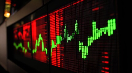 Fototapete - Close-up of a computer screen showing a dynamic financial graph with green and red candlesticks, symbolizing fluctuating market conditions.