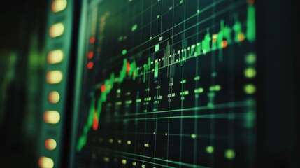 Fototapete - Close-up of a computer screen showing a dynamic financial graph with green and red candlesticks, symbolizing fluctuating market conditions.