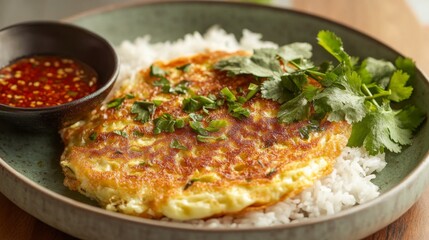 Aufkleber - Close-up of a crispy, fluffy Thai omelette resting on rice, served with a side of spicy sauce and fresh herbs, highlighting the texture and rich flavor.