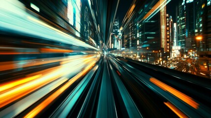 Poster - Close-up of a high-speed train in a motion blur, illustrating the incredible speed and efficiency of the train as it travels through a bustling cityscape.