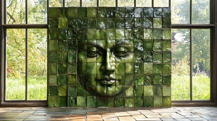 Wall Mural - Green Mosaic Face Art Installation in Bright Room