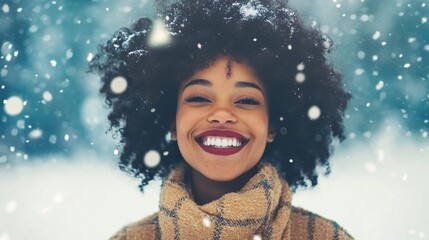 Sticker - Woman enjoys the festive atmosphere with snow falling around her at a lively Christmas market, radiating happiness and warmth