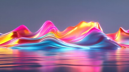 Wall Mural - colorful neon light waves in shades of pink, blue, and gold ripple across a smooth, reflective surfa