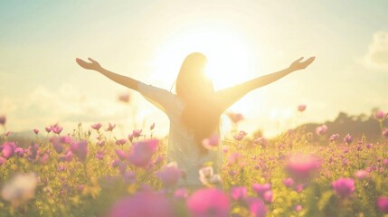 Wall Mural - A woman enjoys the radiance of sunlight as she stands with outstretched arms in a vibrant field of blooming flowers at sunset